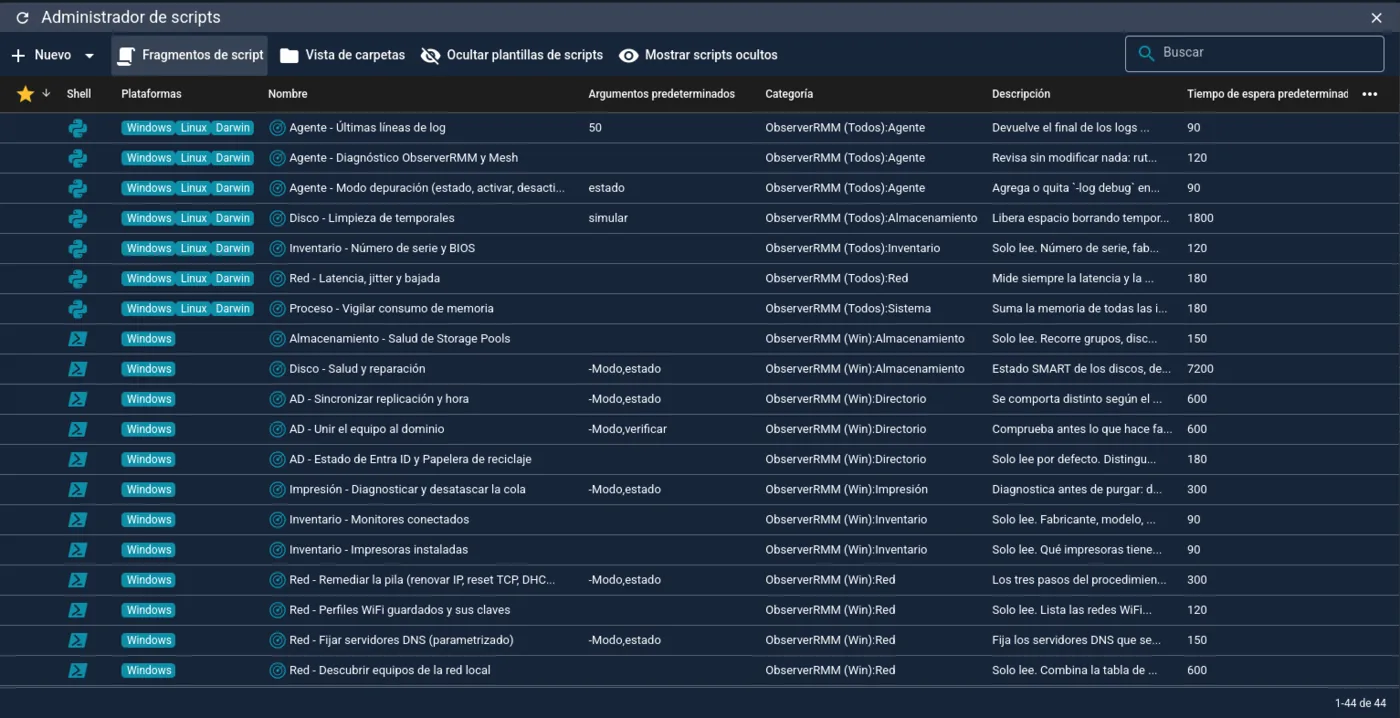 Administrador de scripts de Observer RMM con las 44 plantillas del producto, su shell, plataformas y categoría