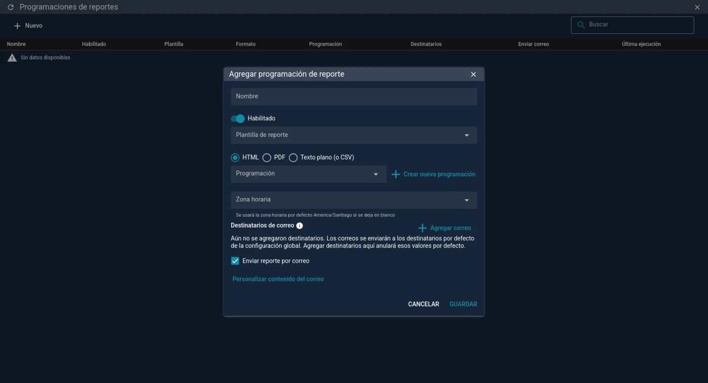 Formulario de programación de reporte