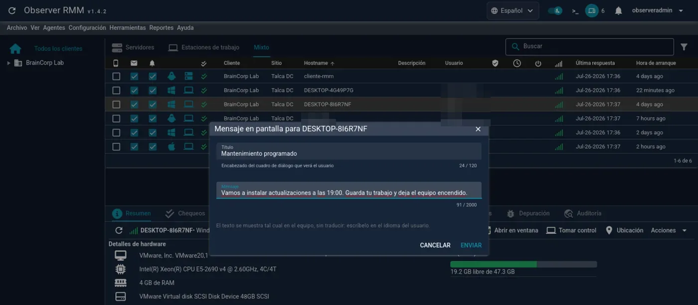 Diálogo para redactar el mensaje en pantalla