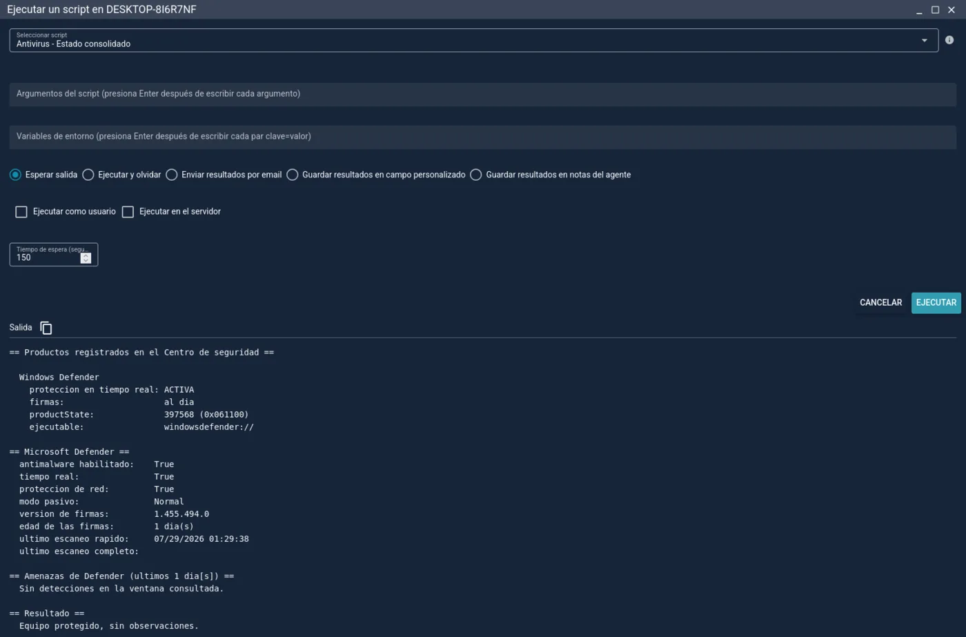 Ejecución de la plantilla Antivirus - Estado consolidado en un equipo Windows, con la salida devuelta en la consola