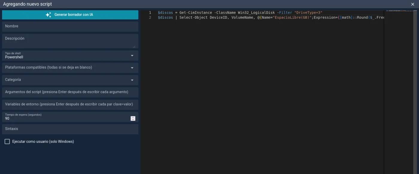 Borrador de script PowerShell generado por la IA dentro del editor de la consola