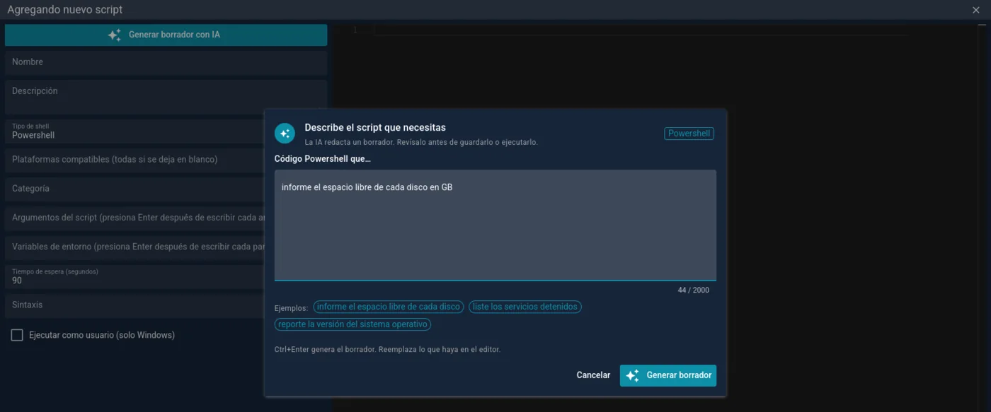 Cuadro para pedirle a la IA un borrador de script en lenguaje natural, con ejemplos y contador de caracteres