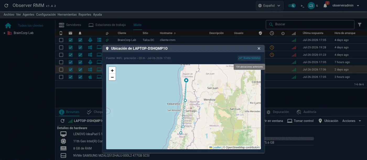 Trayectoria histórica de un equipo en el mapa