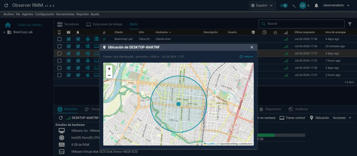 Mapa con la ubicación de un equipo